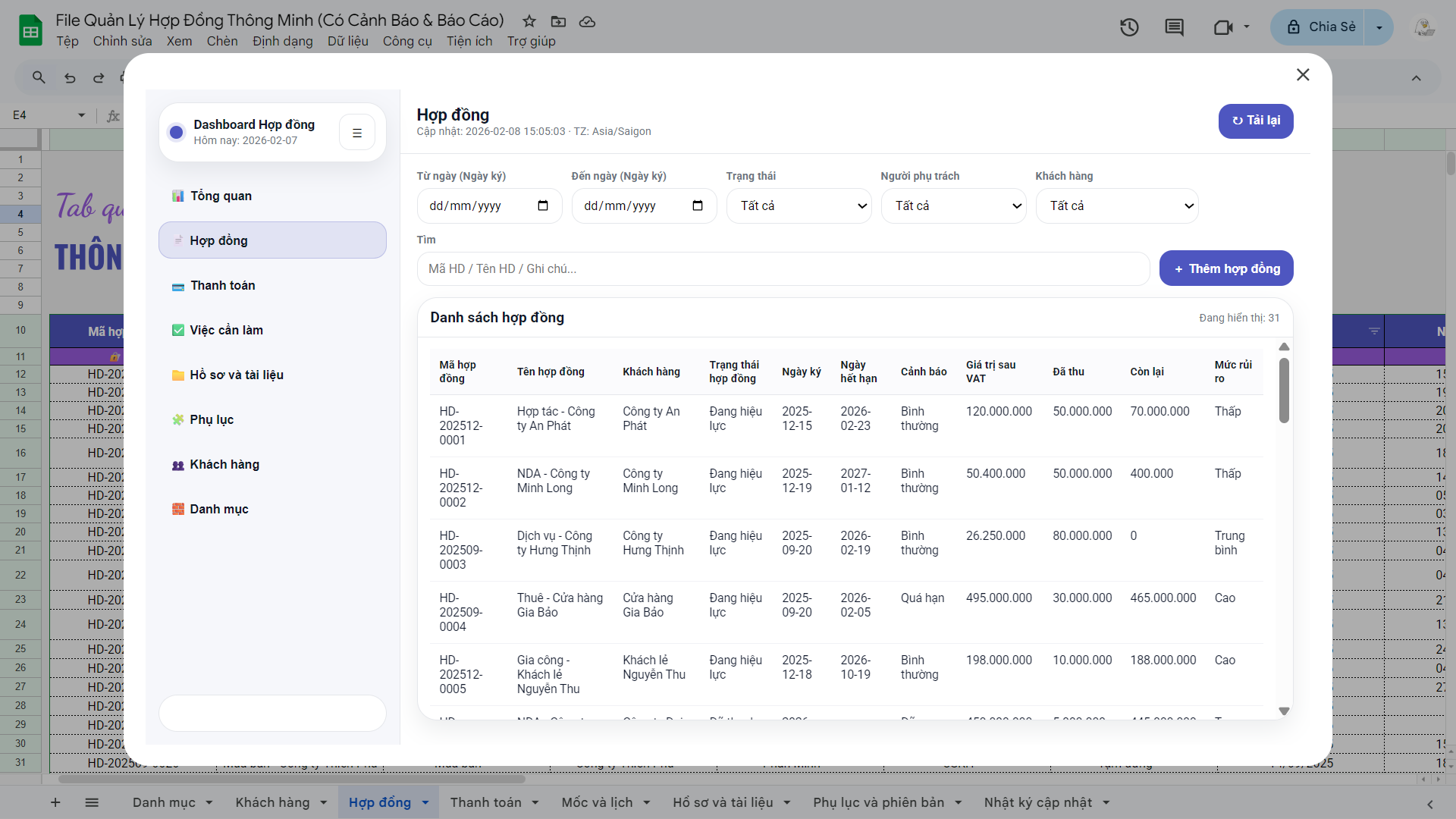 File Quản Lý Hợp Đồng Thông Minh (Có Cảnh Báo & Báo Cáo) - Ảnh 8