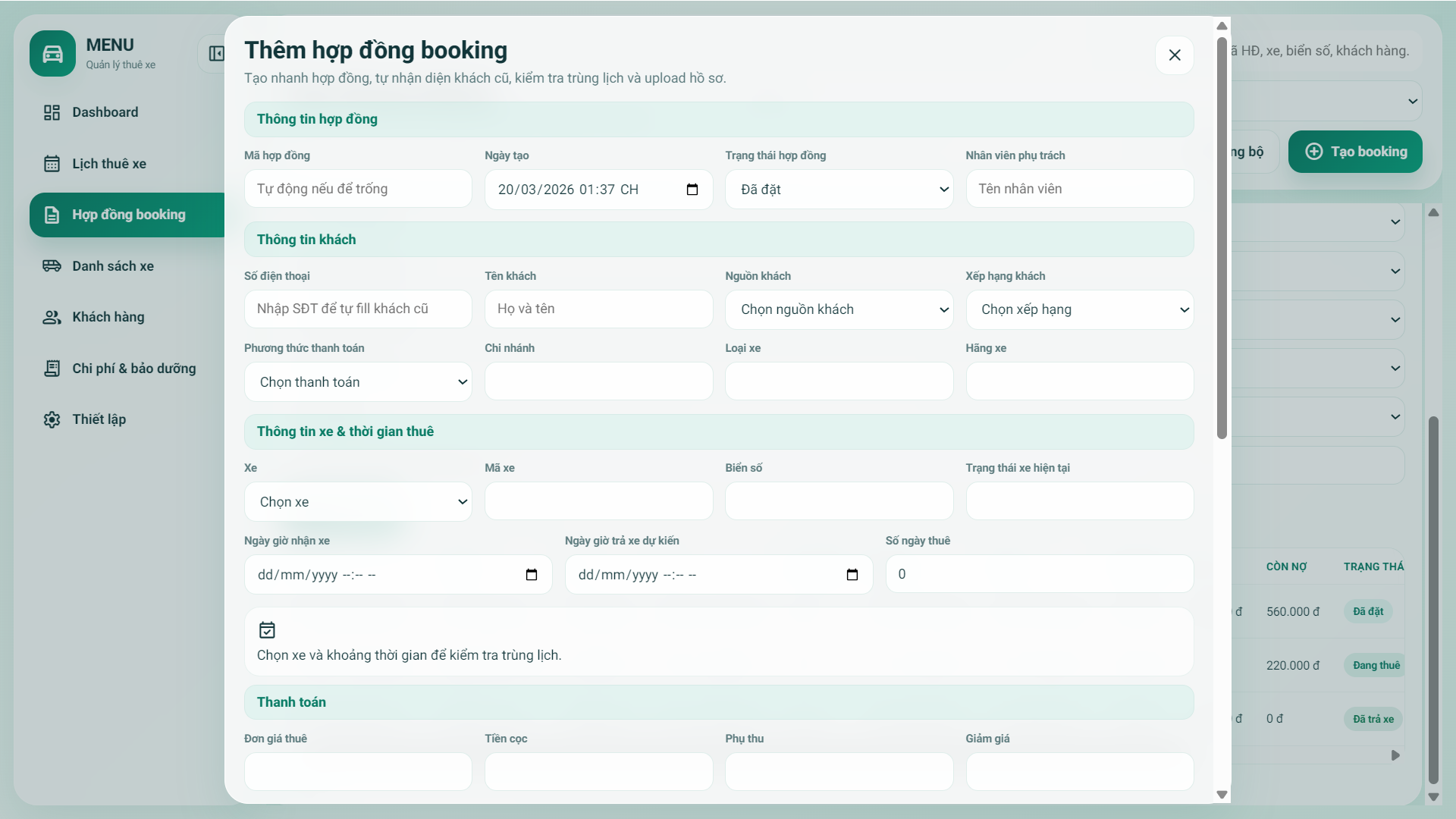 Web App Sheet - Quản lý lịch thuê xe máy / ô tô | Có quản lý thông tin khách hàng, chi phí bảo dưỡng, hợp đồng - Ảnh 9
