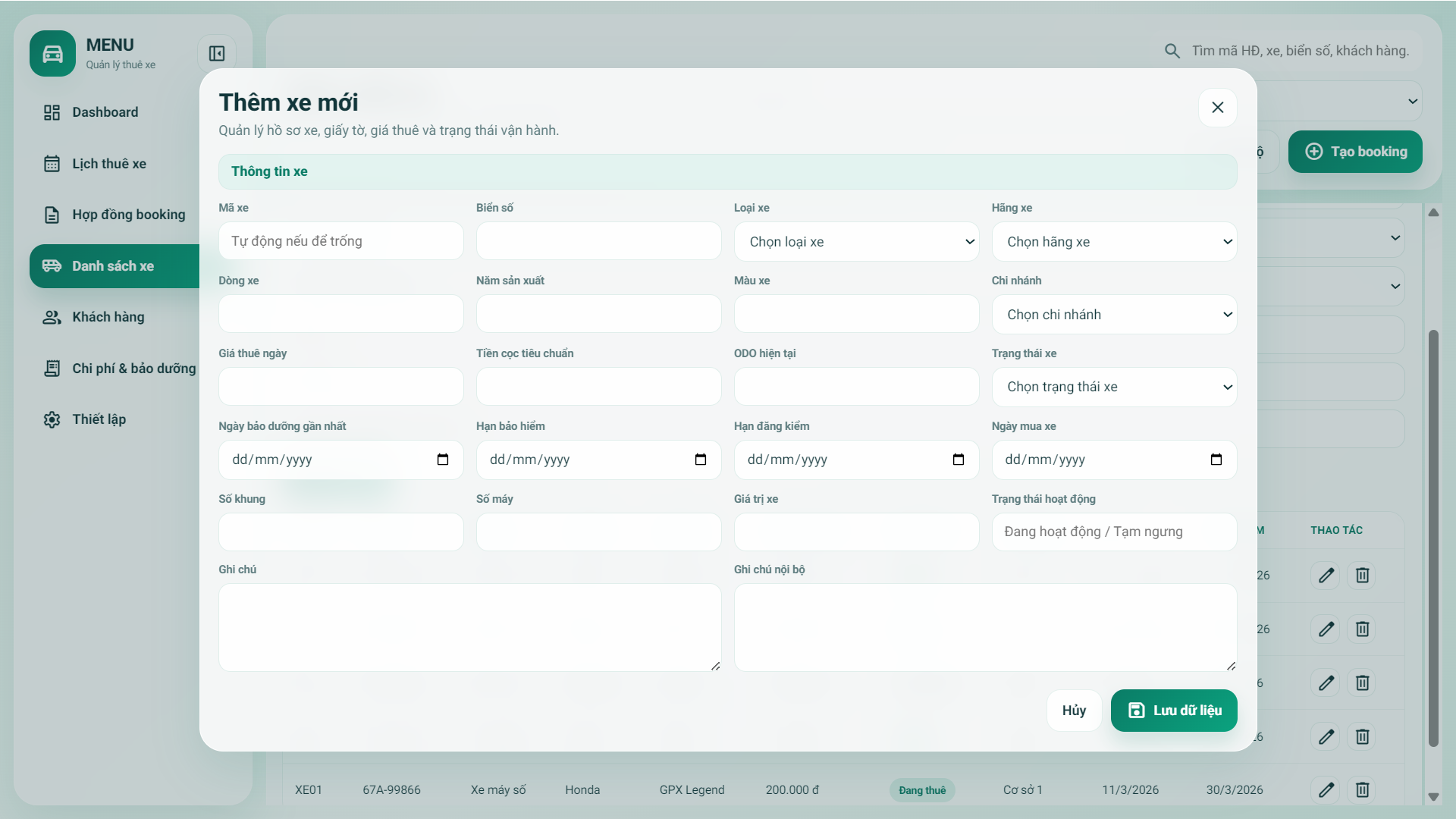 Web App Sheet - Quản lý lịch thuê xe máy / ô tô | Có quản lý thông tin khách hàng, chi phí bảo dưỡng, hợp đồng - Ảnh 4