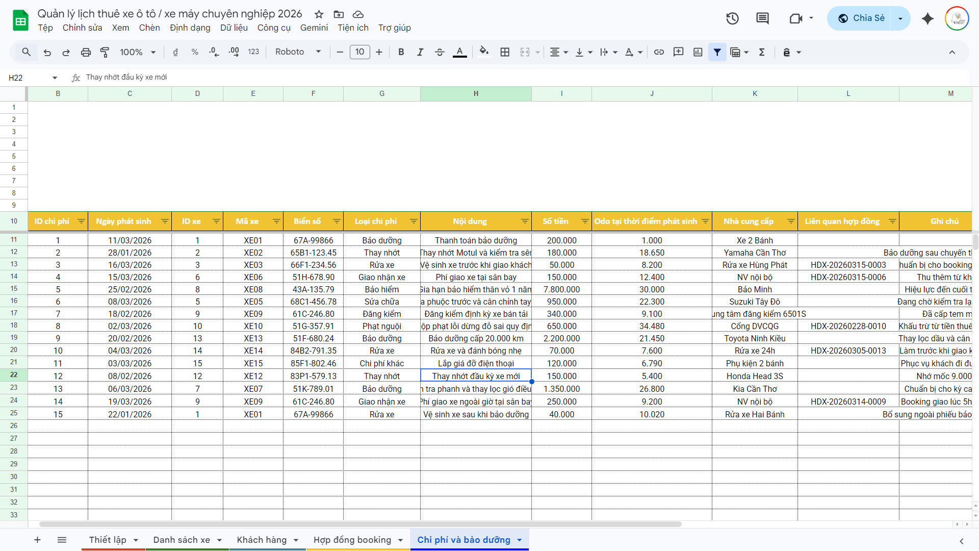 Web App Sheet - Quản lý lịch thuê xe máy / ô tô | Có quản lý thông tin khách hàng, chi phí bảo dưỡng, hợp đồng - Ảnh 13