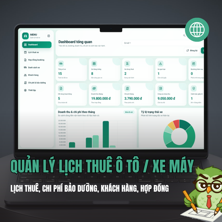 Web App Sheet - Quản lý lịch thuê xe máy / ô tô | Có quản lý thông tin khách hàng, chi phí bảo dưỡng, hợp đồng