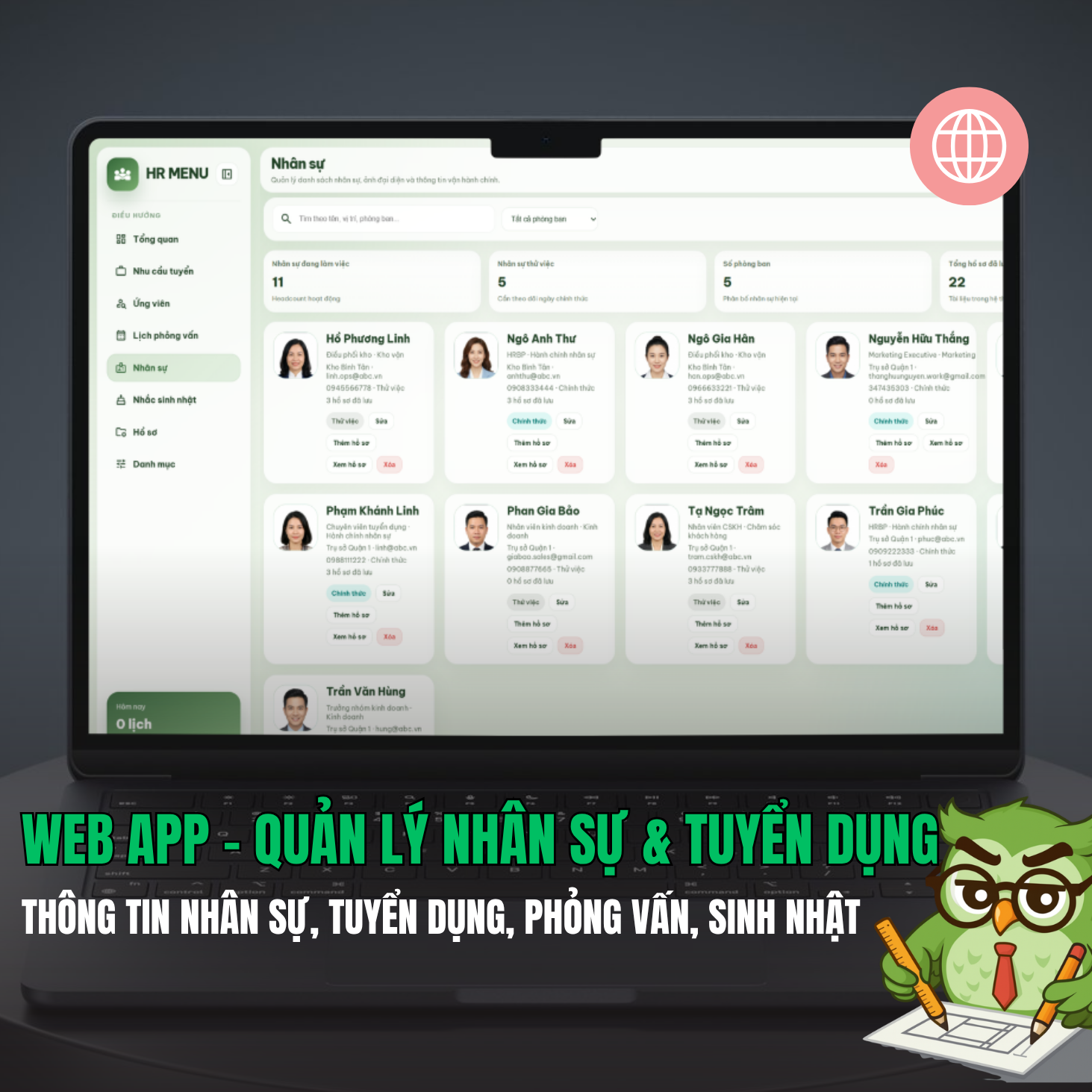 Web app - Quản lý thông tin nhân sự & tuyển dụng (Danh sách ứng viên, lịch phỏng vấn, hồ sơ nhân sự, sinh nhật)