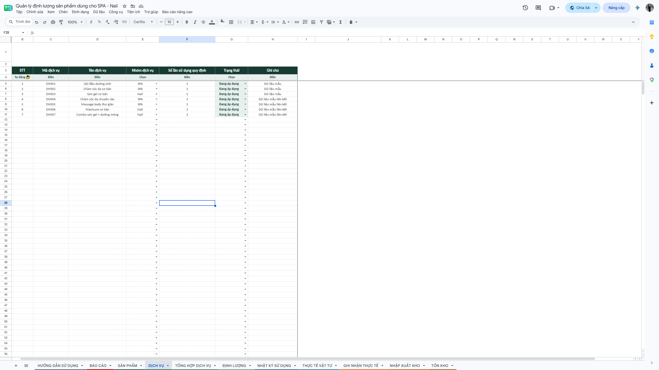 Google Sheet - Quản lý định lượng sản phẩm dùng cho SPA - Nail - Ảnh 5