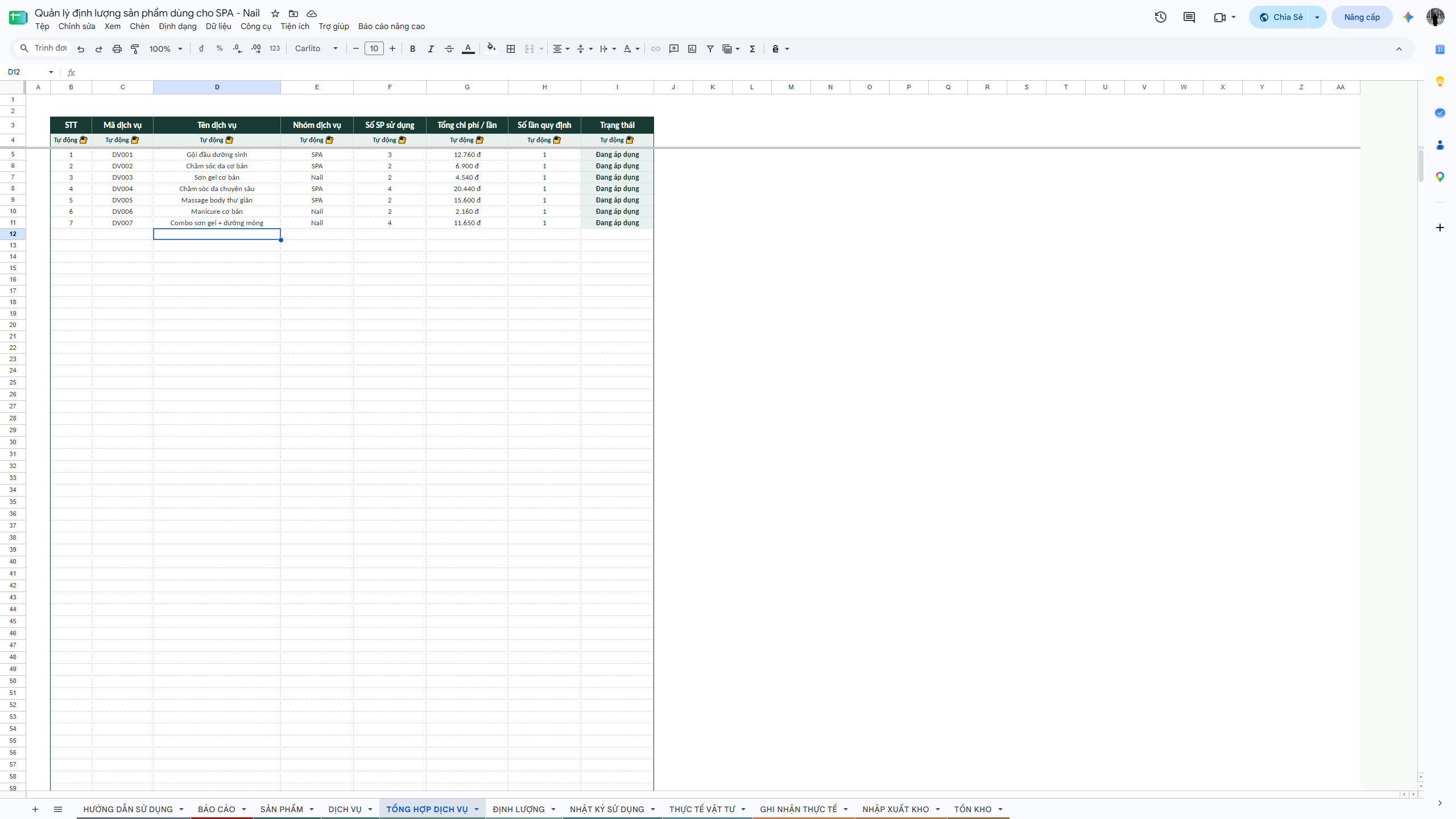 Google Sheet - Quản lý định lượng sản phẩm dùng cho SPA - Nail - Ảnh 6