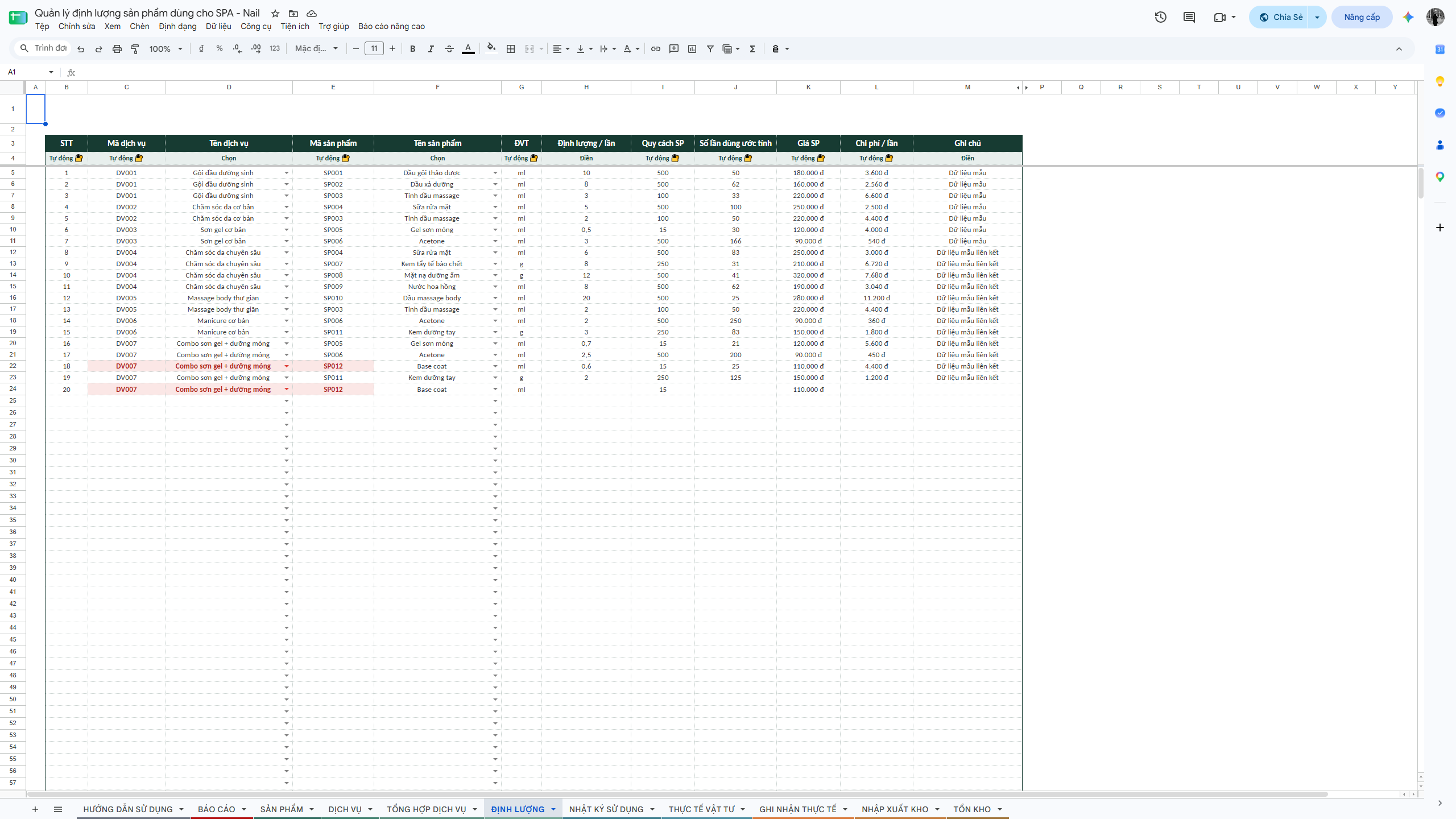 Google Sheet - Quản lý định lượng sản phẩm dùng cho SPA - Nail - Ảnh 7