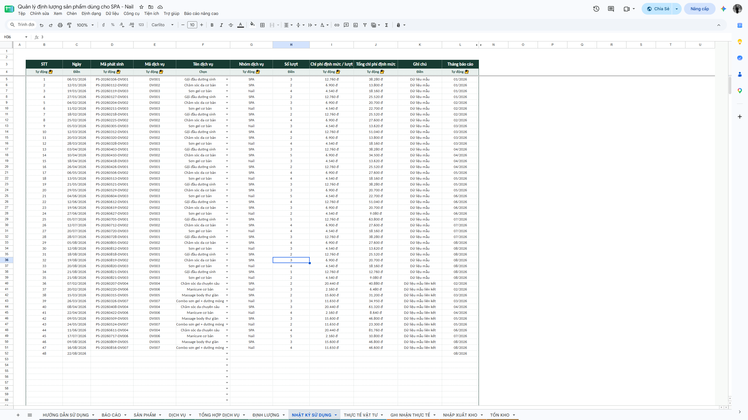Google Sheet - Quản lý định lượng sản phẩm dùng cho SPA - Nail - Ảnh 8