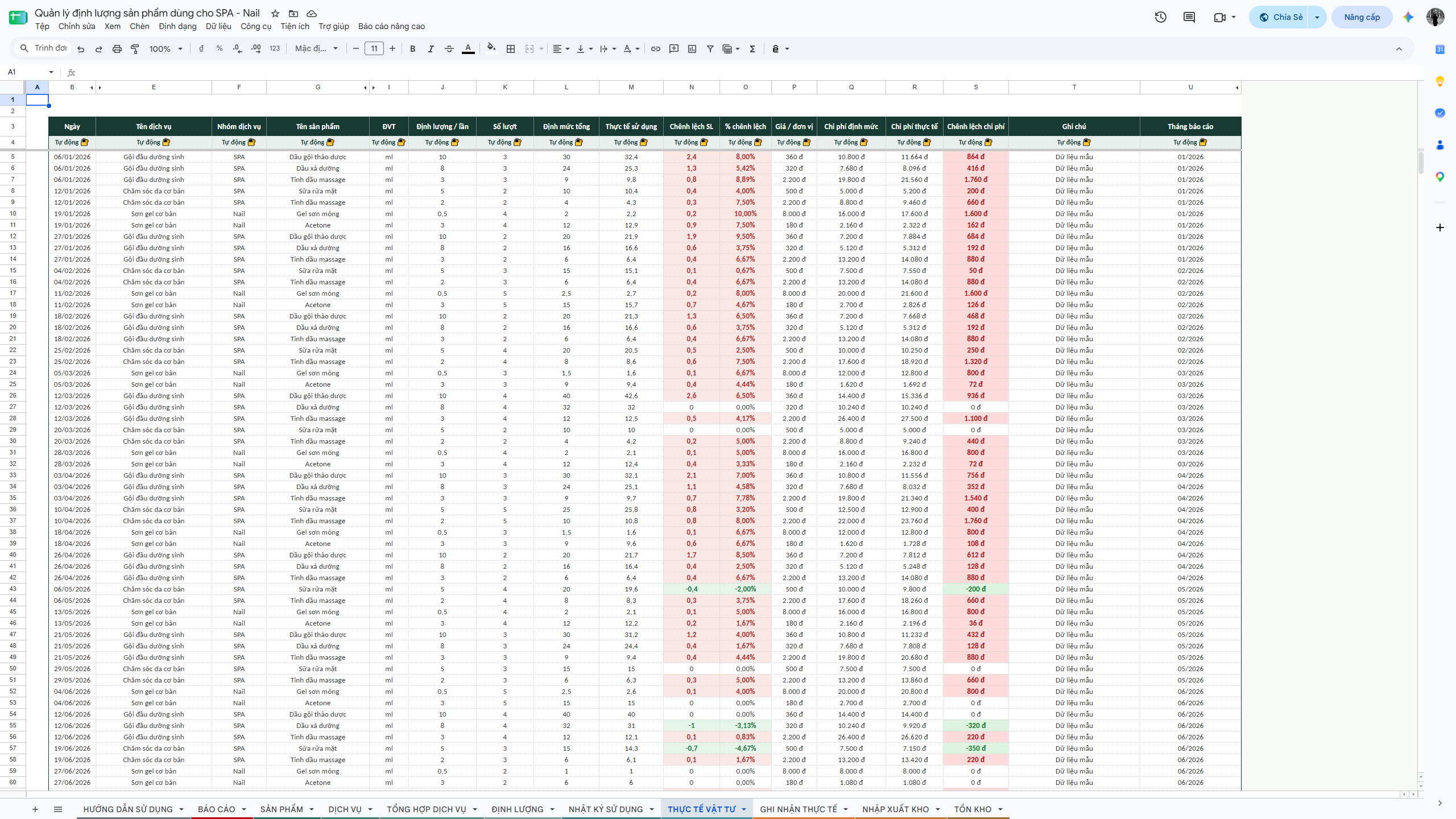 Google Sheet - Quản lý định lượng sản phẩm dùng cho SPA - Nail - Ảnh 9