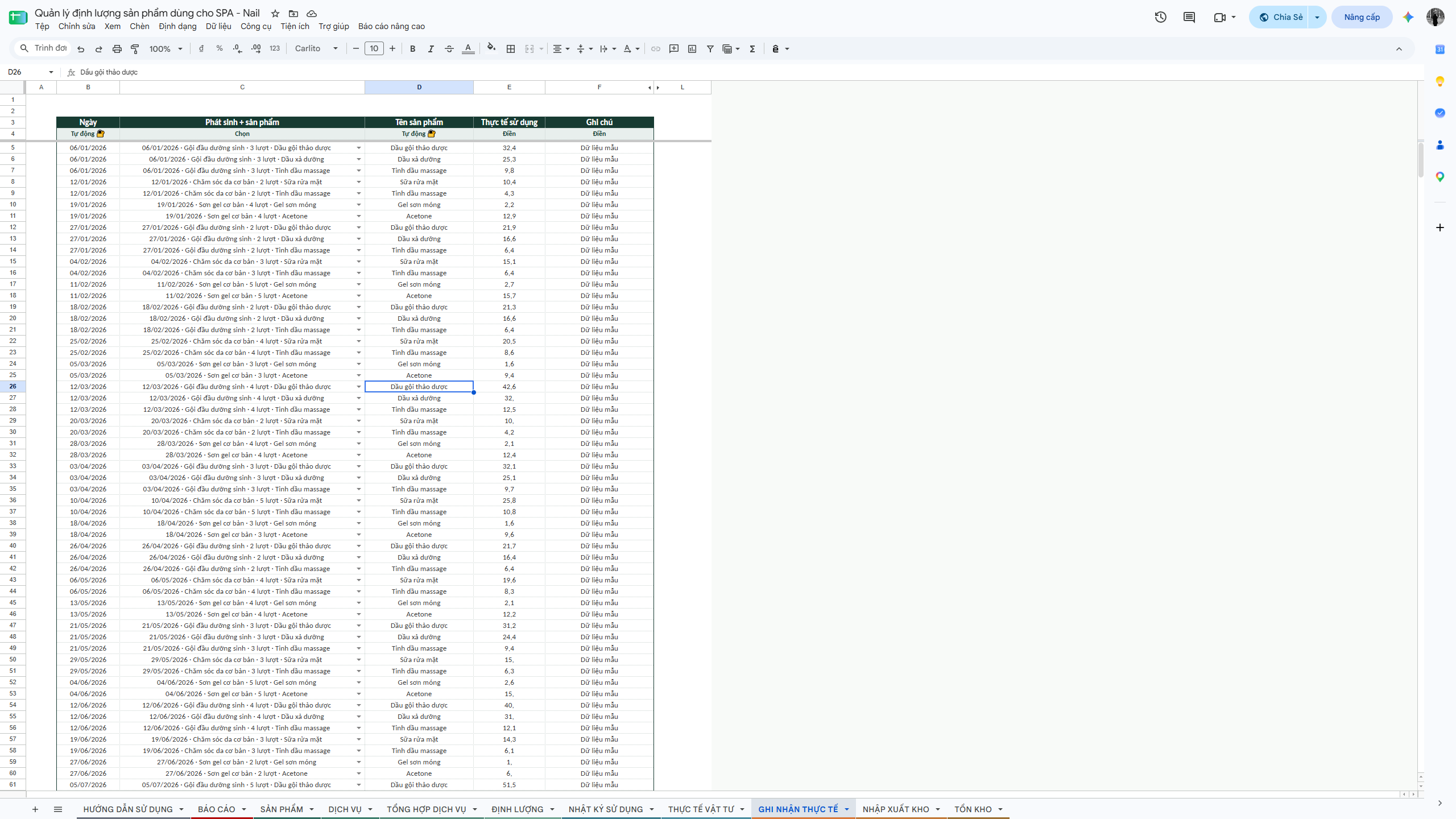 Google Sheet - Quản lý định lượng sản phẩm dùng cho SPA - Nail - Ảnh 10