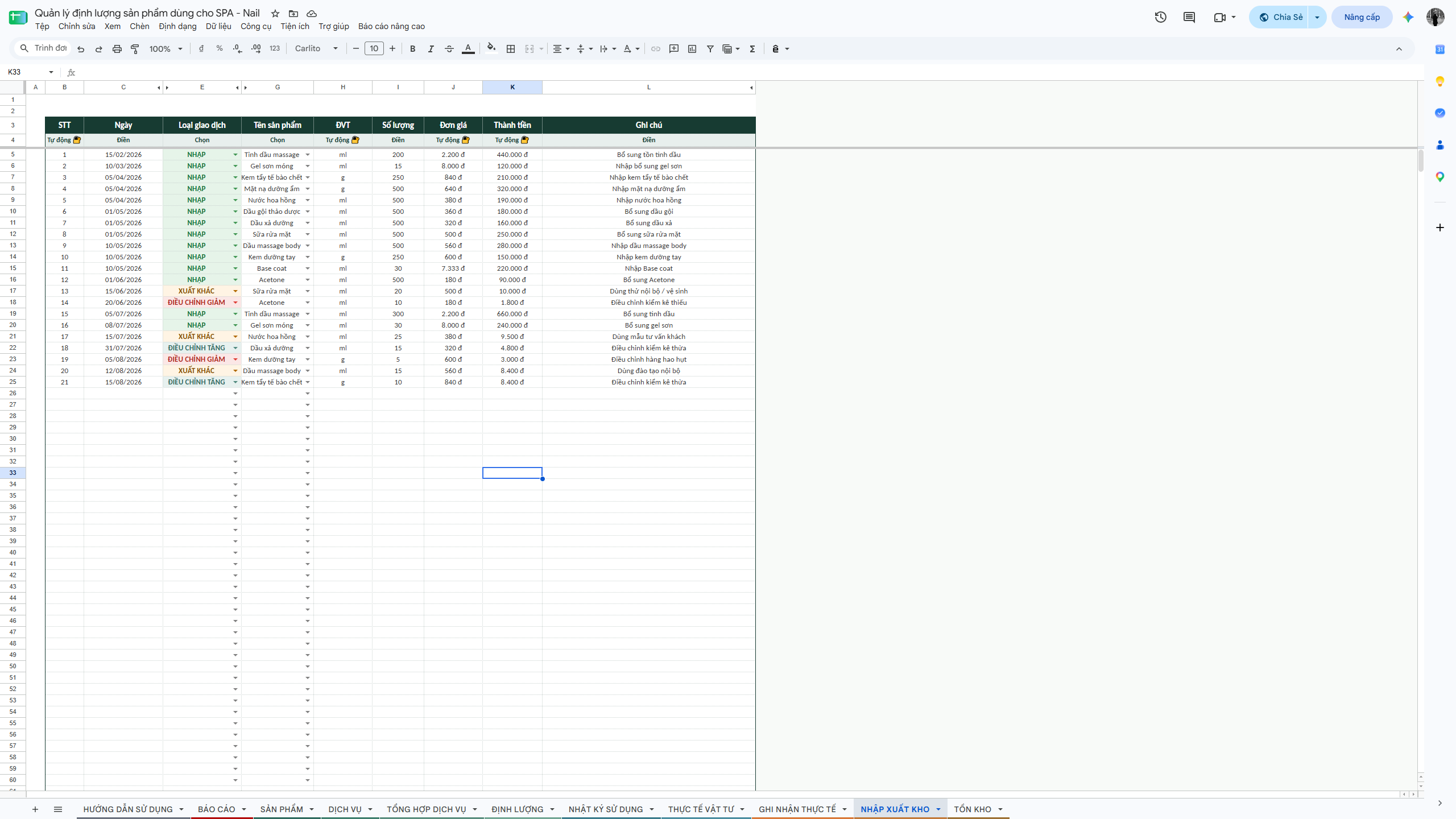 Google Sheet - Quản lý định lượng sản phẩm dùng cho SPA - Nail - Ảnh 11