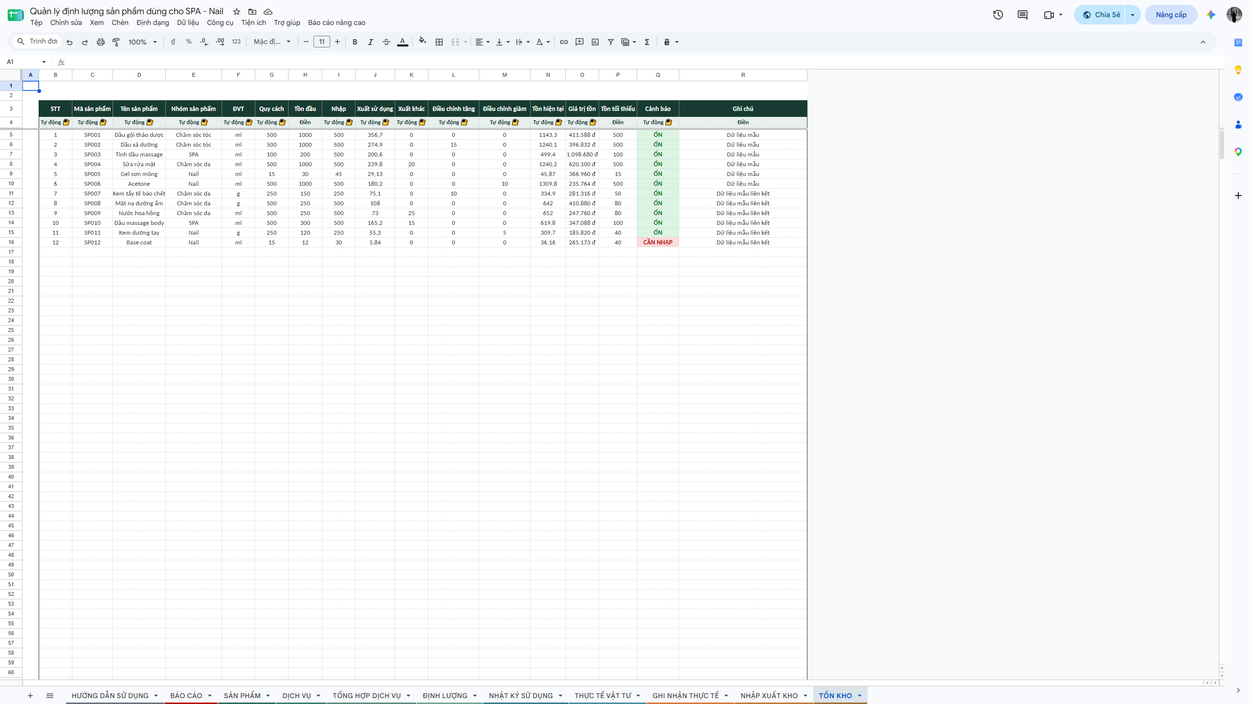 Google Sheet - Quản lý định lượng sản phẩm dùng cho SPA - Nail - Ảnh 12