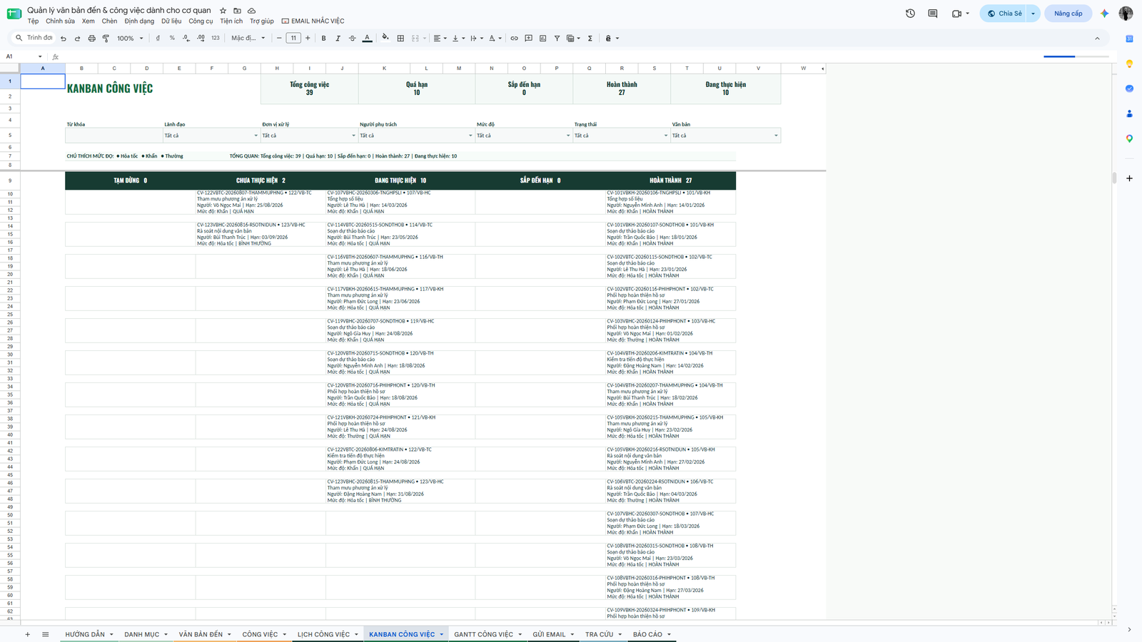 Google Sheet - Quản lý văn bản đến & công việc dành cho cơ quan 1.0 - Ảnh 7